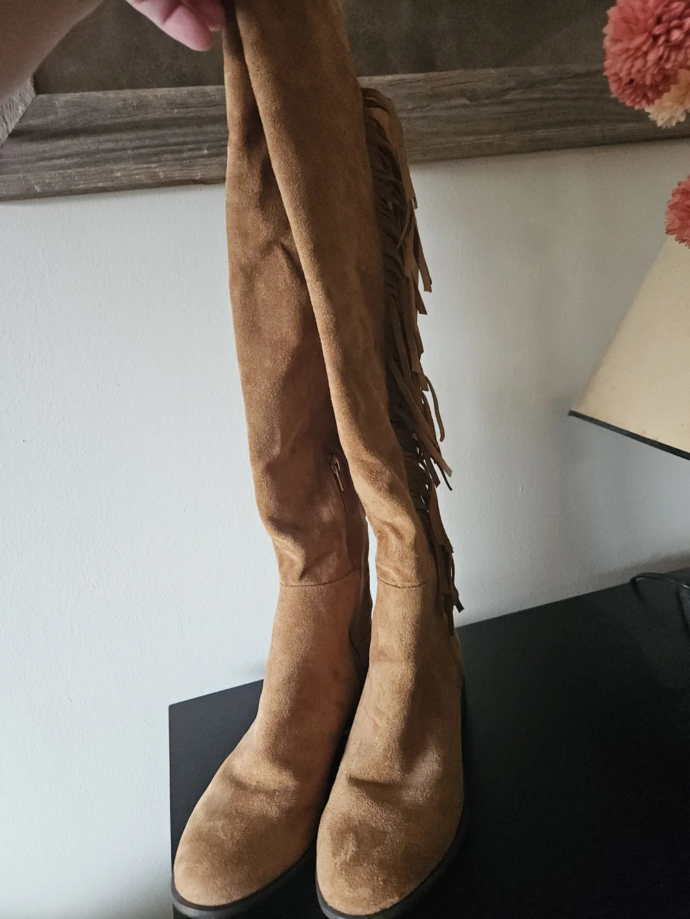NEVER WORN Tan Suede Over-the-Knee Fringe Boots